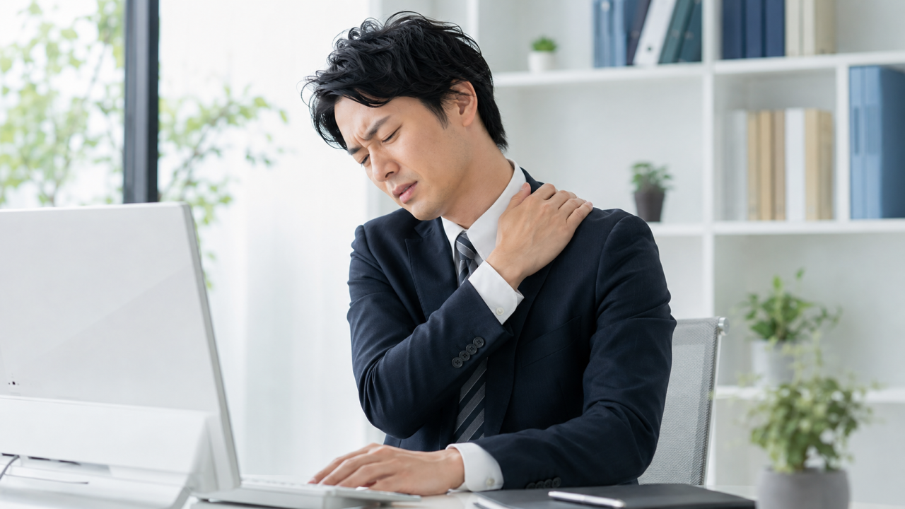 交通事故後の肩の痛みに悩む男性